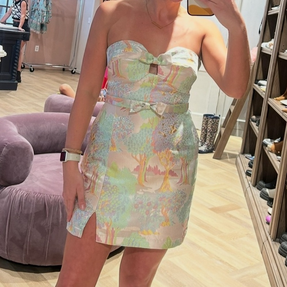 Maeve by Anthropologie strapless bow mini dress size US 6/ UK 10 jacquard print